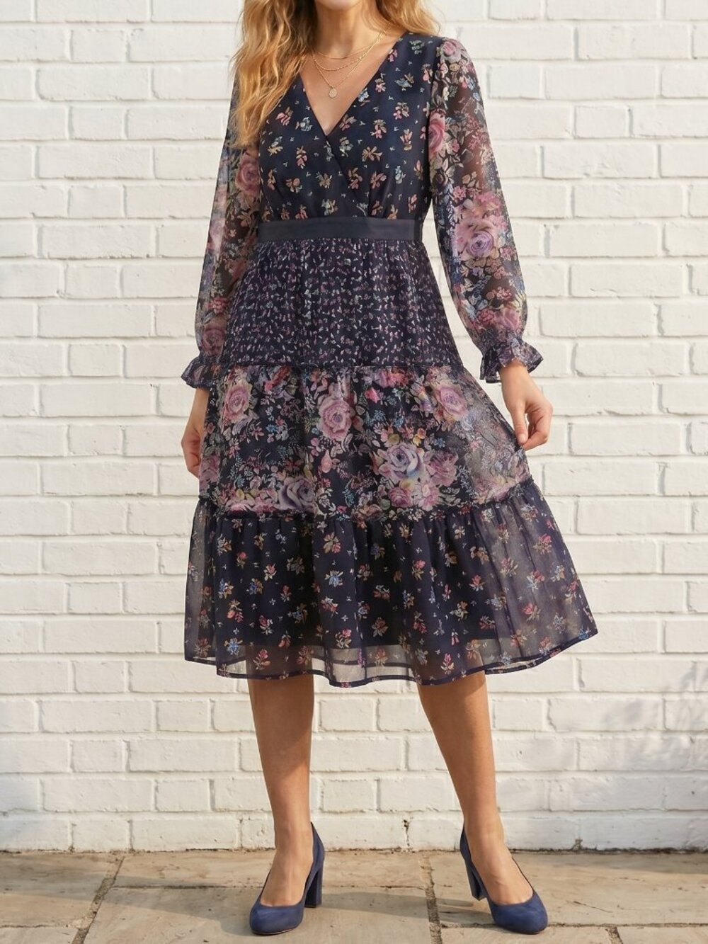 Ann Taylor Loft Navy Blue & Pink Floral Patchwork Boho Cottagecore Dress